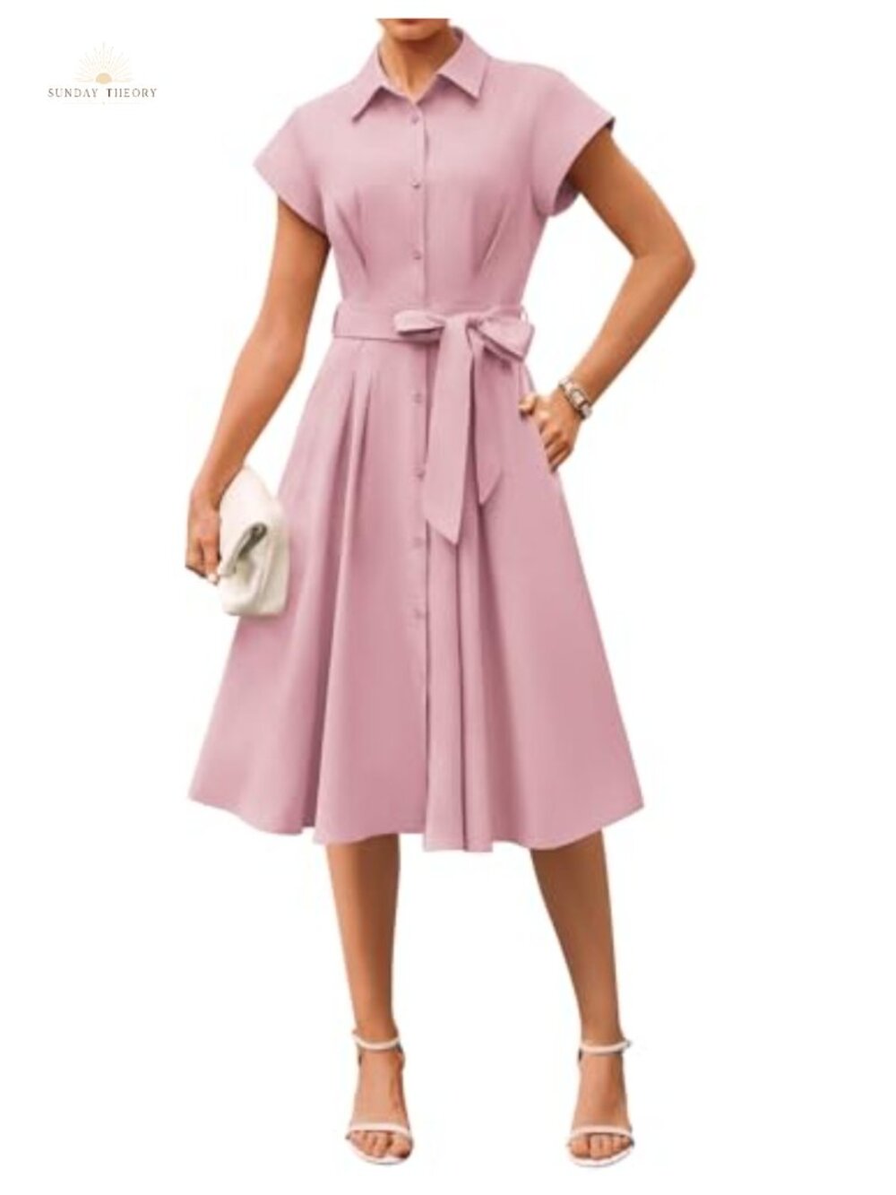 Womens Midi Shirt Dress Business Casual Smocked Waist A-Line Cap Sleeve Midi